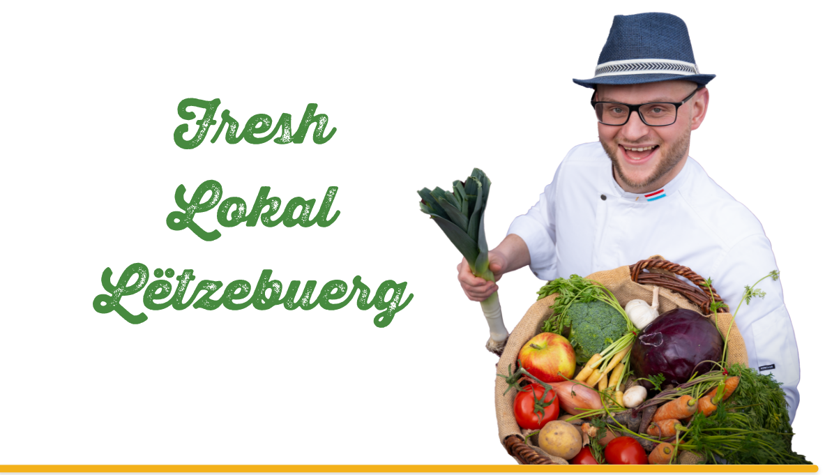 fresh lokal Lëtzebuerg Ben holding a fruits and Vegetables basket